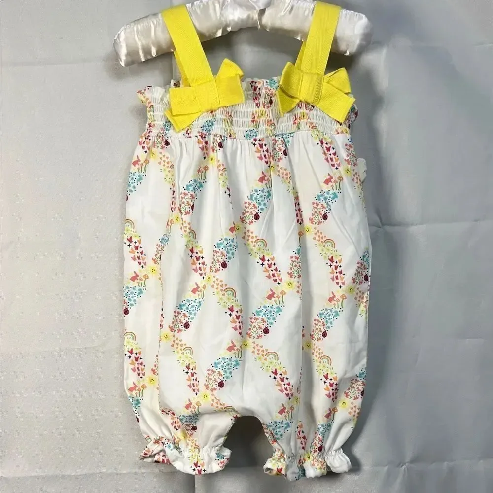 Lullaby Lane yellow and white Sleeveless smocked one piece romper 6-9 months NWT